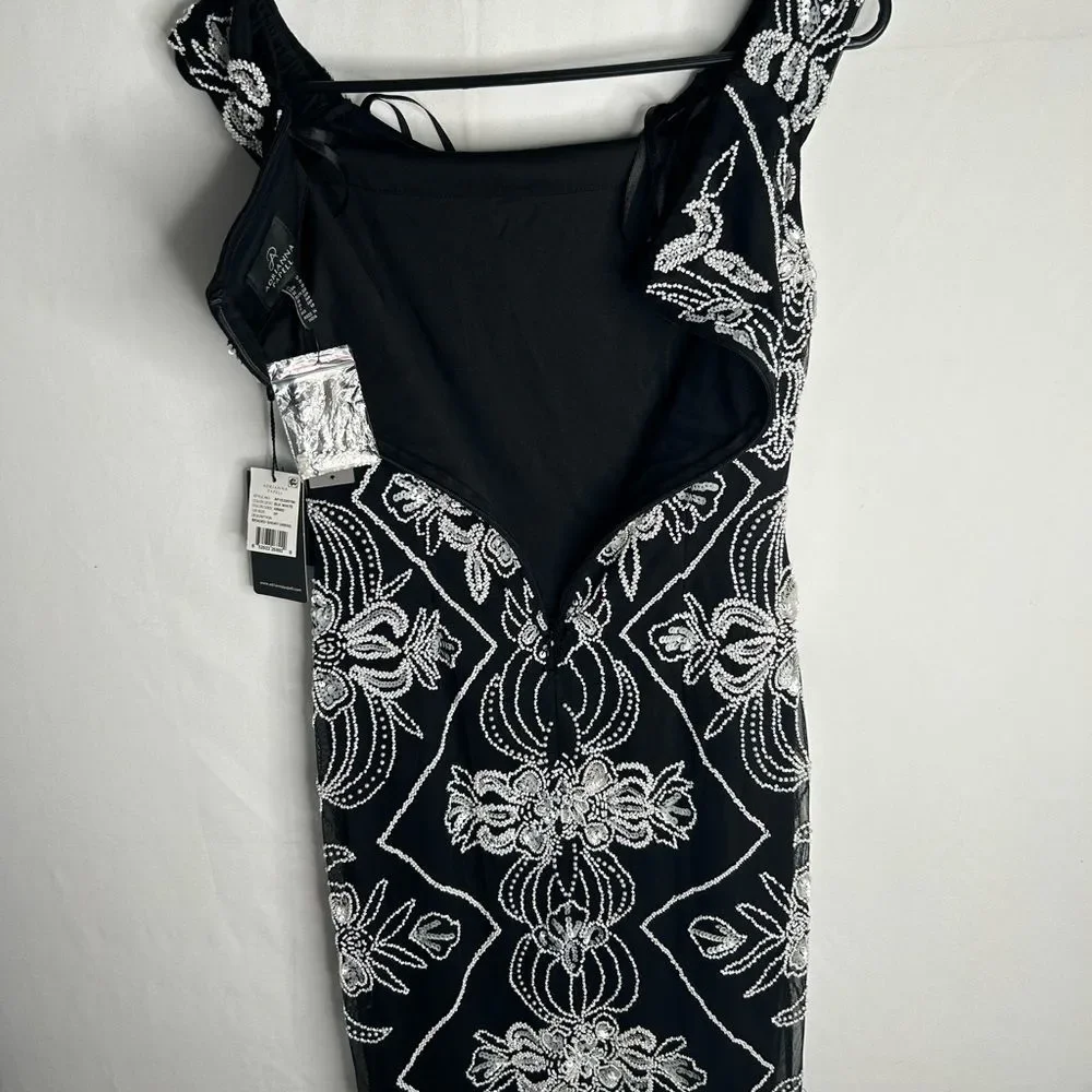 NWT Adrianna Papell Women’s Off Shoulder Fitted Beaded Dress. Black White. SZ 2P